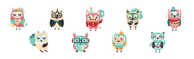 Funny Owl Cute Character with Wings Vector Set