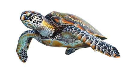 Obraz premium A beautifully patterned sea turtle swimming gracefully, showcasing its detailed shell and the elegance of marine life, isolated on transparent background