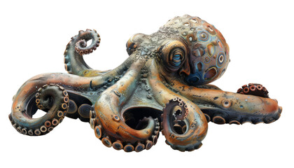 Obraz premium An intricately designed ceramic octopus, featuring detailed tentacles and vibrant orange and blue patterns, showcasing artistic craftsmanship, isolated on transparent background