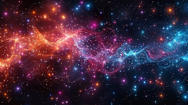 A cosmic dance of particles exchanging energy and information, perpetuating the interconnectedness of the universe. Flat color illustration, shiny, Minimal and Simple,