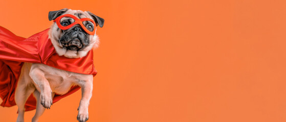 Funny animal pet photography concept  - superhero french bulldog dog with a red cloak and mask jumping and flying, isolated on orange background, studio shot