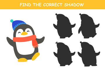 Shadow matching game for kids. Find the correct shadow. Educational game for children. Find and match the right shadow of cute penguin.