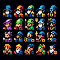 RPG-style pixel art merchants icons sprite sheet