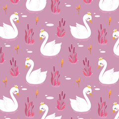 Cute hand drawn Swan and Flowers - vector print. Seamless pattern with cartoon swan, flowers, leaf