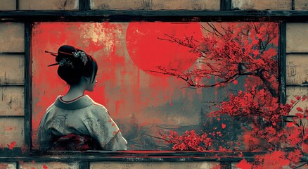 Classical Japanese Illustration of a geisha watching in window