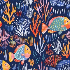 Obraz premium Colorful Tropical Fish and Coral Reef Seamless Pattern Background
