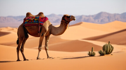 Dune Trekking Adventure: Desert Vista Featuring a Camel and Sturdy Cactus, Inspiring Tales of Exploration and Resilience Amidst the Harsh Sands, Generative AI