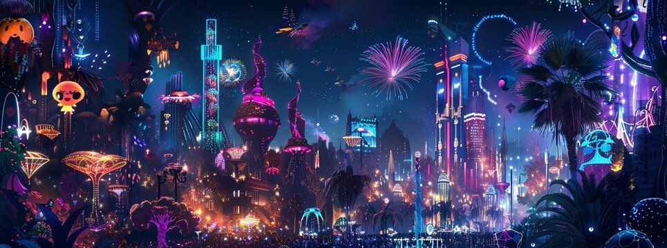 Fantasy Cityscape Celebration: Juneteenth Parade with Vibrant Lights and Fireworks at Night