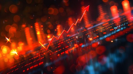 Digital background depicting stock market growth with an arrow going upwards, with an orange and red color theme, stock chart, blurred business elements in the background.