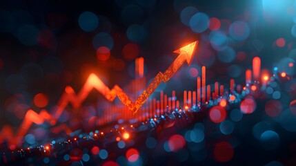 Digital background depicting stock market growth with an arrow going upwards, with an orange and red color theme, stock chart, blurred business elements in the background.