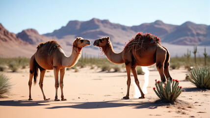 Desert Nomad Trek: Scene of a Desert with a Camel and Thorny Cactus, Capturing the Nomadic Spirit and Timeless Beauty of the Arid Wilderness, Generative AI
