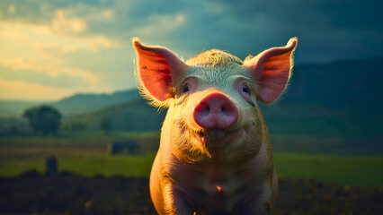 One pig sitting in a meadow, while an interesting smile crosses her face.