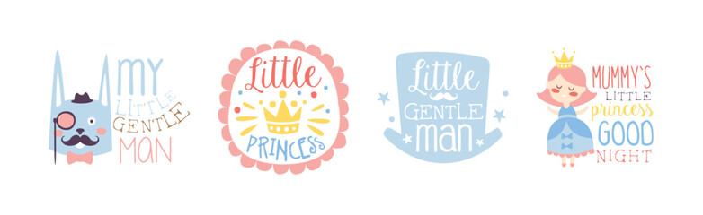 Little Princess and Gentleman Prints for Infant Boy and Girl Room Or Clothing Design logo Template Vector Set