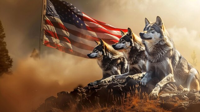 Majestic Gray Wolf Pack Resting Beneath the US Flag on Hilltop - Patriotic Wildlife Scene with Copy Space
