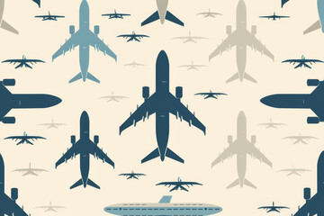 A colorful pattern of various airplane illustrations arranged in a seamless, repeating design on a light background.