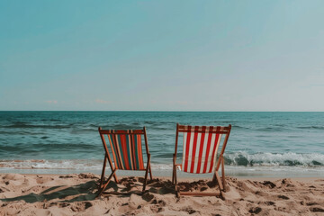 Two empty beach chairs facing the calm ocean on a sunny day, evoking relaxation and peaceful vacation vibes.