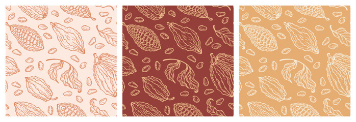 Set of Three Seamless Floral Patterns with Cacao Pods. Cocoa Beans and Leaves. Tropical Fruits. Great for Packaging design of milk, white and dark bitter Chocolate or cocoa powder. Hand drawing.