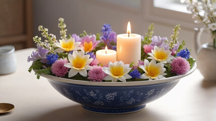 Blossoming Candle Affair: Ceramic Bowl Adorned with a Candle Centerpiece Surrounded by an Array of Spring Flowers, Evoking a Delightful Atmosphere of Renewal and Tranquility, Generative AI