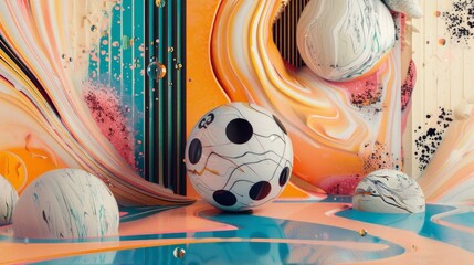 Abstract art scene with a variety of spherical objects and flowing, marbled textures