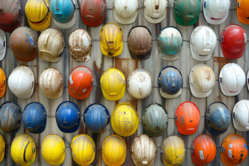 Colorful construction helmets arranged neatly on a wall, representing safety and organization at a construction site.