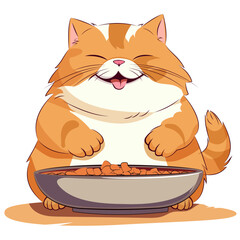 Fat funny cat next to a bowl of food