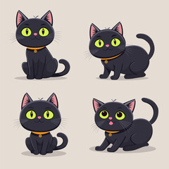 Cute cartoon black kitten in different poses