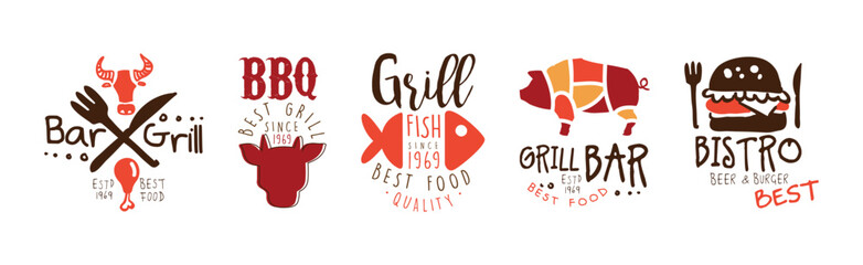 Grill Food Bistro Logo and Label Design Template Vector Set