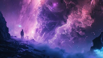 Person standing on a rocky outcrop, gazing at a vast, cosmic nebula. The scene is dominated by purple and blue hues, with the nebula displaying a mix of pink and white light