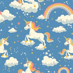Naklejka premium Seamless enchanting unicorn pattern with rainbows, clouds, and stars on a blue background. Perfect for whimsical and magical designs.