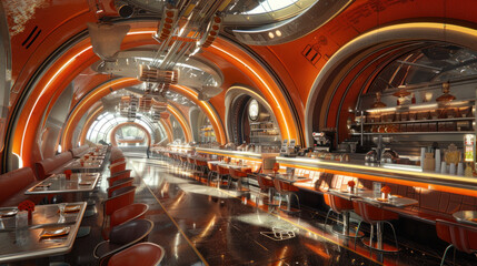 Interior of a restaurant from far future