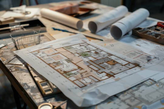 Close-up of architectural blueprints and drafting tools on a work desk, highlighting the details of building design.