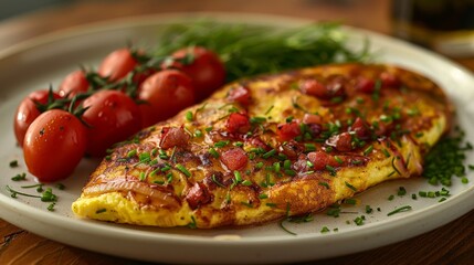 A Savory Morning Delight: Fluffy Omelette With Red Onion, Tomatoes, and Herbs. Generative AI