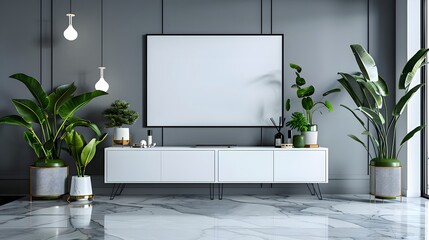 Modern minimalist style, gray wall with white cabinet and potted plants, large blank picture frame hanging on the grey wall, marble floor tiles in living room interior design.