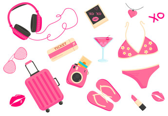 Pink summer travel set. Swimsuit, travel accessories and vacation must-haves. Cute travel essentials collection. Vector illustration isolated on white background.