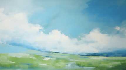 A minimalist landscape painting featuring a serene blue sky with white clouds and a green field