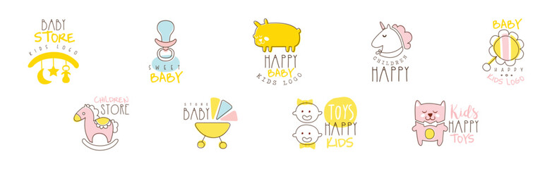 Kids Shop and Store Promo Logo and Label Vector Set