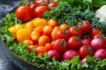 Vibrant image of various salad vegetables like tomatoes and radishes in a rustic bowl