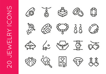 Jewelry icons. Set of 20 jewelry trendy minimal icons. Example: Ring, Necklace, Pendant, Bracelet, Earrings icons. Design signs for web page, mobile app, packaging design. Vector illustration