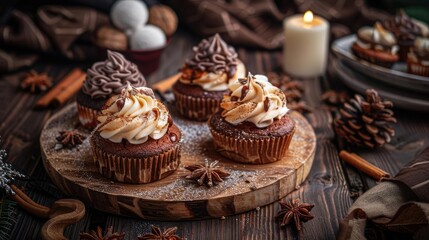 Rustic chocolate cupcakes with swirled frosting on a wooden platter, surrounded by spices and candles, perfect for cozy autumn settings.