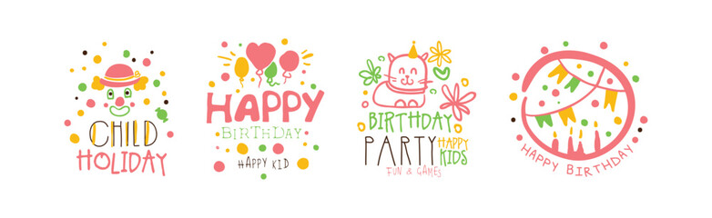 Obraz premium Kids Birthday and Holiday Party Entertainment Promo Signs Vector Set