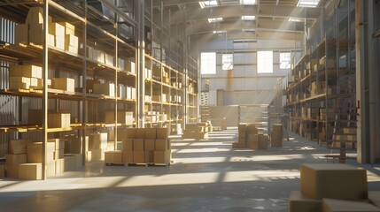 A warehouse with a lot of boxes on the shelves
