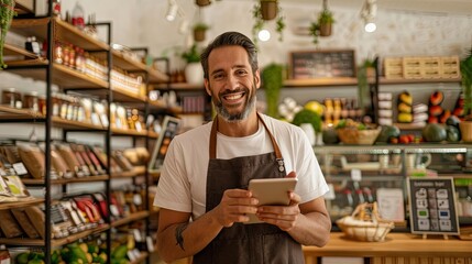 male store owner using a tablet check stock in her grocery, small business running concept, with copy space