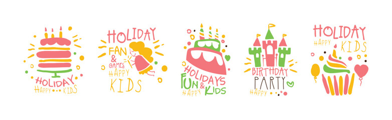 Kids Birthday and Holiday Party Entertainment Promo Signs Vector Set