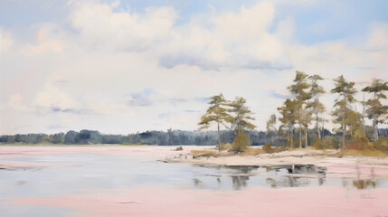 A minimalist painting of a lake landscape with trees in the foreground, a small island, and a light blue sky with white clouds