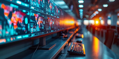 High-tech control room with multiple screens displaying global data and maps 