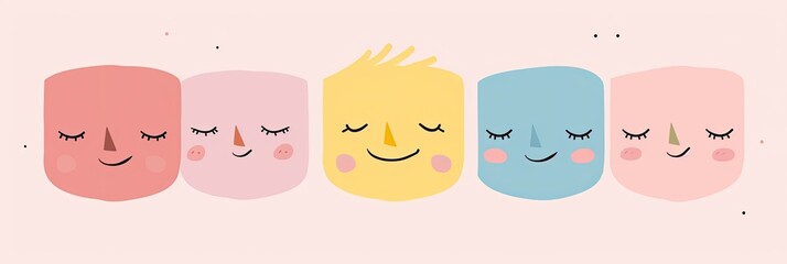 Minimalist cartoon faces with simple features like eyes and smiles, on a soft pastel background