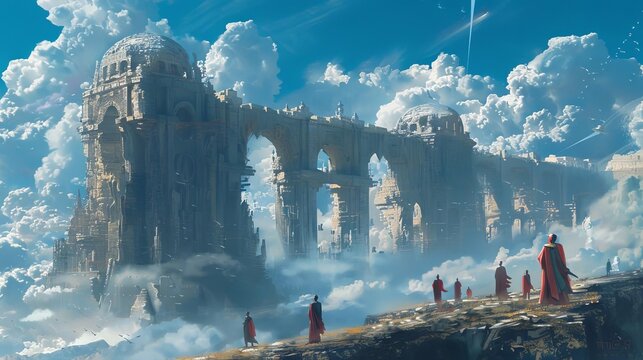 Engineers as ancient giants, building bridge with monolithic stones, heroic fantasy art