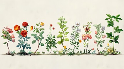 Species evolution as a growing family tree, each branch a different era, botanical illustration style
