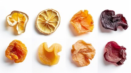 dried fruits on white background. concept of food ingredient for designer.