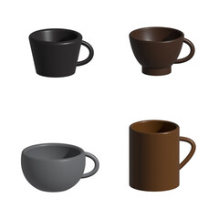 Set of coffee cups.3D cup collection in dark colors.